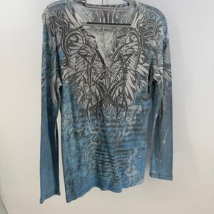 Kiara Top Womens Large Blue Rhinestone Wing Graphic Long Sleeve Y2K McBling Edgy